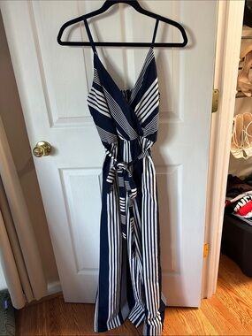 Navy & White Striped Jumpsuit